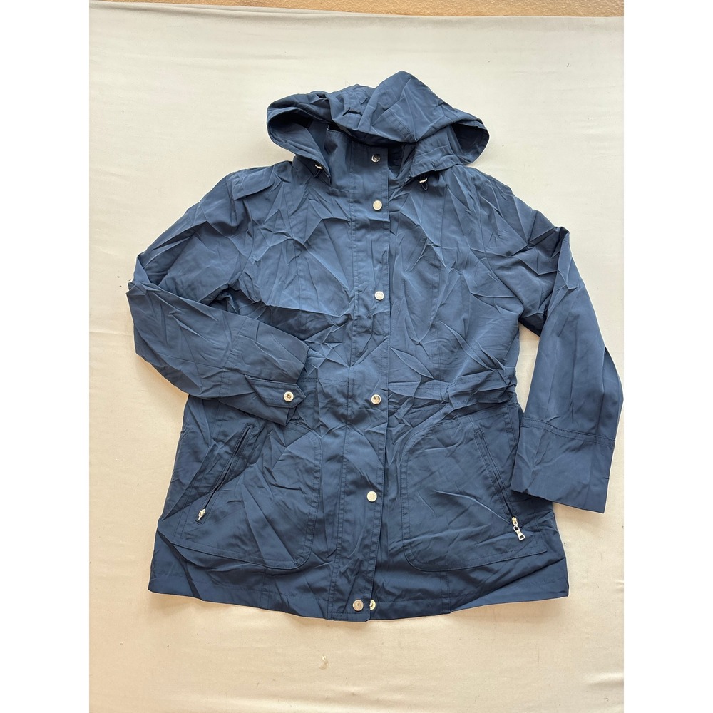 London Fog Navy Blue Hooded Rain Jacket Women's Large Quilted Lining Parka Coat